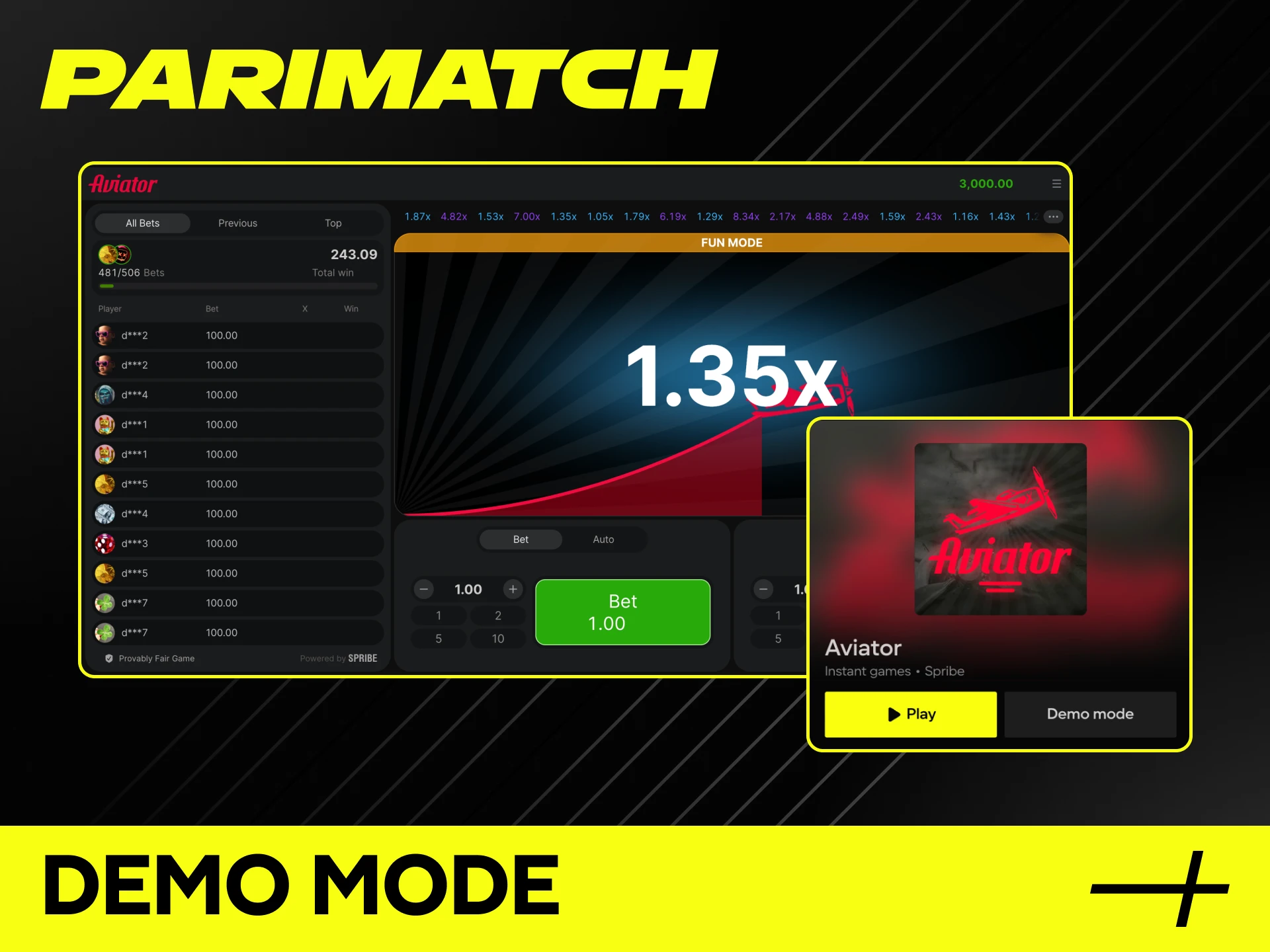 Play the Aviator demo game at Parimatch online casino.