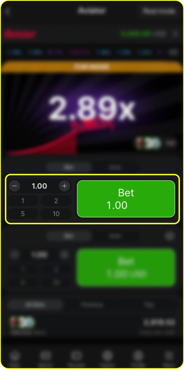 Place your bet in the Aviator game at Parimatch online casino.