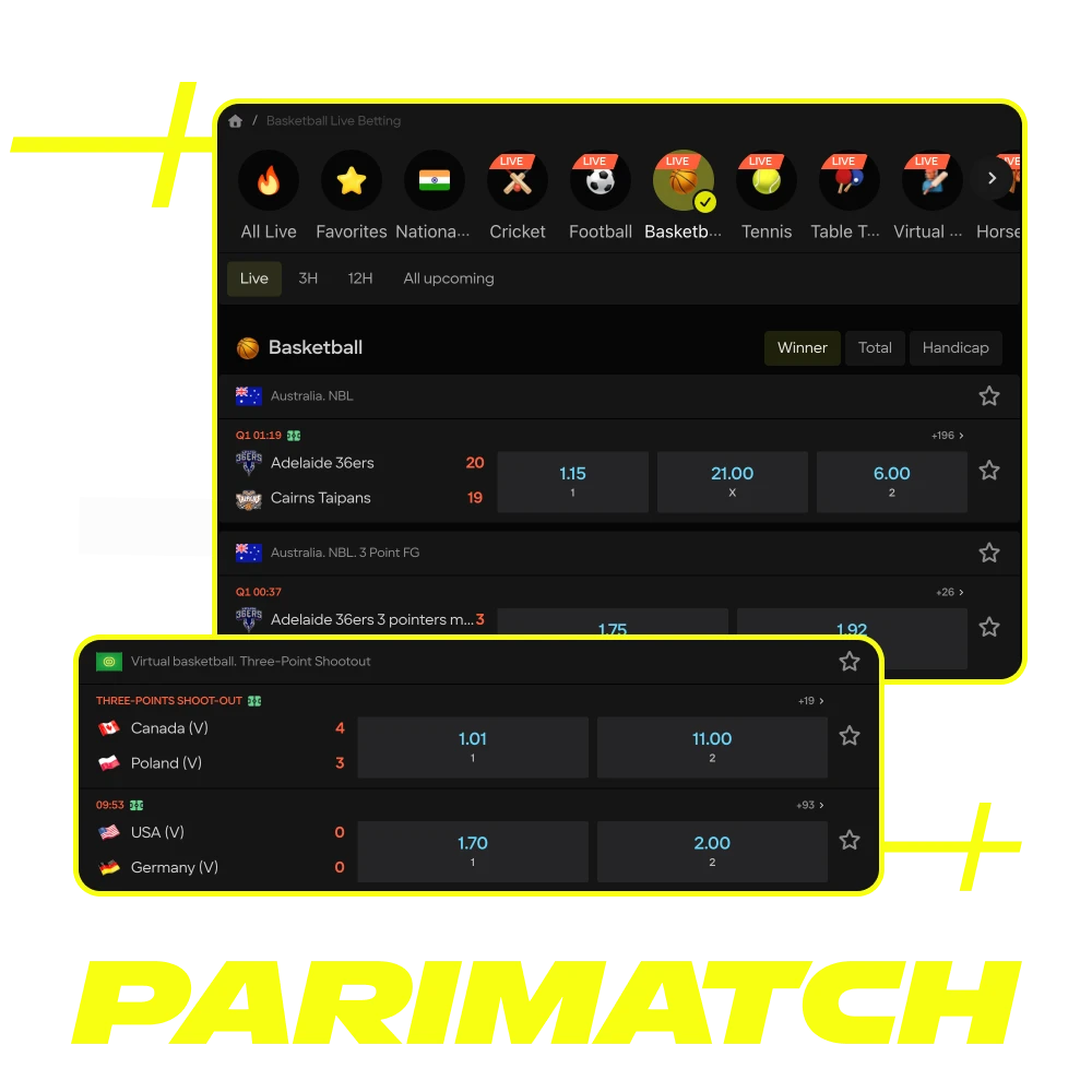 Parimatch basketball betting interface in Tanzania on a phone, showing live odds, TZS prices, and Cash Out, welcome bonus.