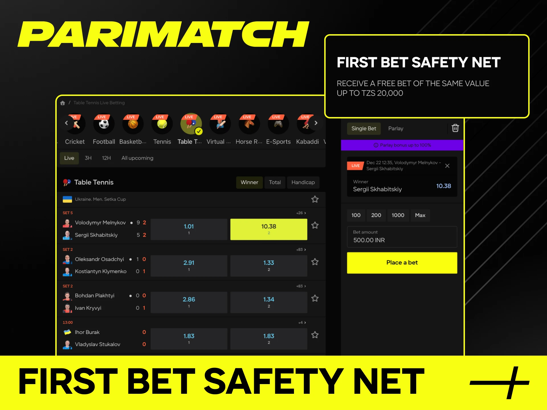 Parimatch online casino offers players a First Bet Safety Net bonus.