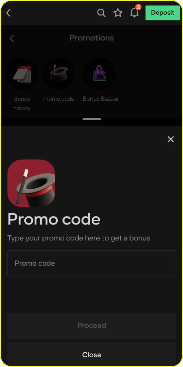 Players can enter a promo code at Parimatch online casino.