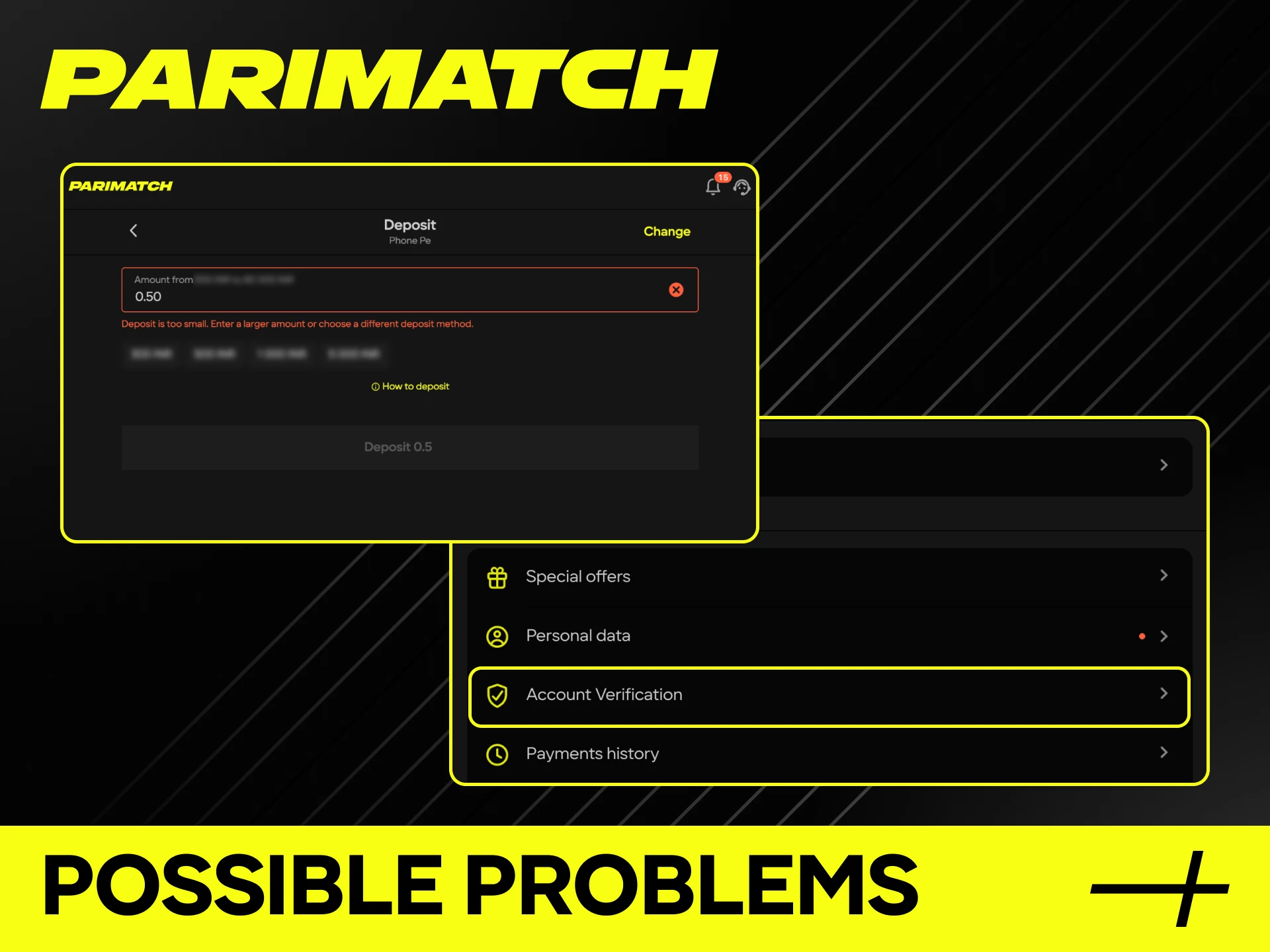 Graphic listing deposit issues: name mismatch, low balance/fees, limits, pending KYC, OTP/network delays with fixes.