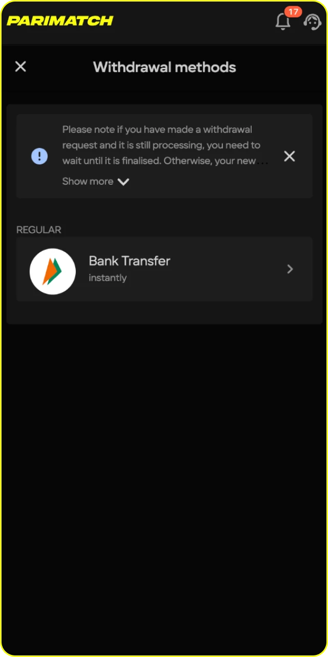 Withdraw your winnings quickly and safely at Parimatch online casino.