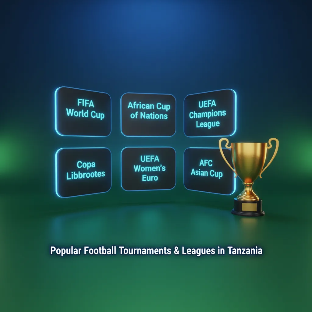 Tanzanian football betting graphic: NBC Premier, Azam Cup, CAF/AFCON, Premier League, UEFA, FIFA World Cup.