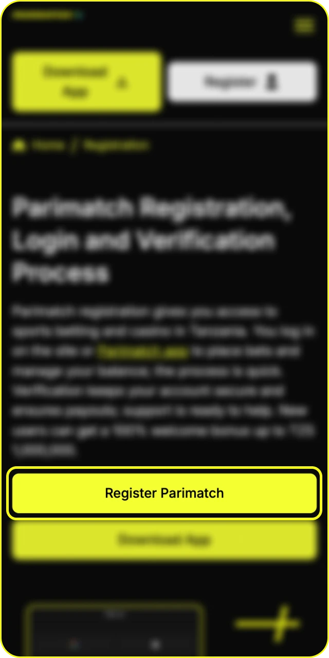 Find the registration button and visit the Parimatch online casino website to create an account.