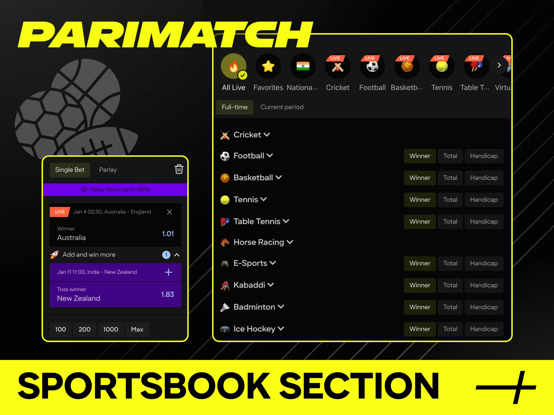 Visit the Parimatch sportsbook section to bet on your favorite sports teams.